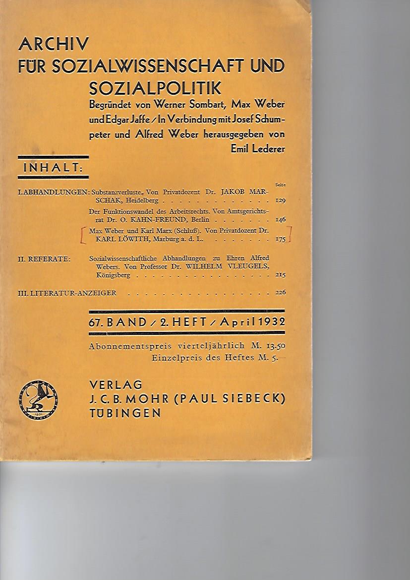 Archiv für Sozialwissenschaft und Sozialpolitik. 67. Band, 2. Heft, April 1932.