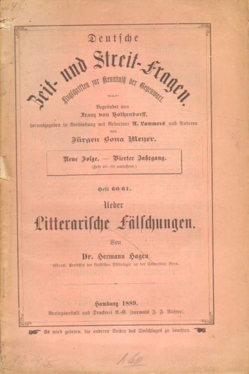 Hagen, Dr. Hermann: Über Litterarische Fälschungen.