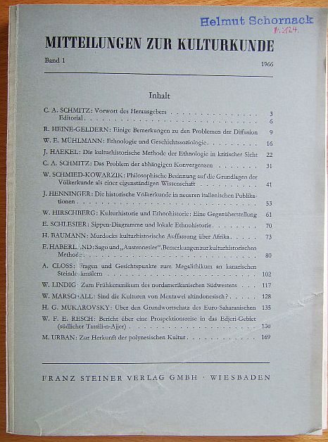 Schmitz, Carl.A. (Hsg):  Mitteilungen zur Kulturkunde, Band 1 - 1966 