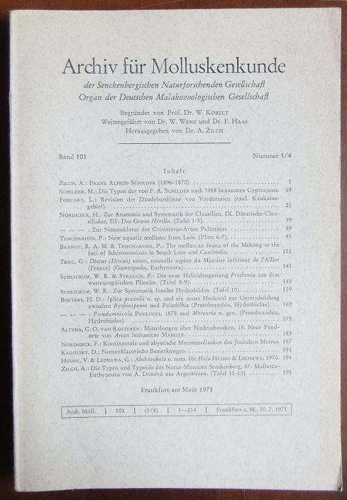 Zilch, A. (Hrsg.):  Archiv fr Molluskenkunde Bd. 101, 1/4, 1971 