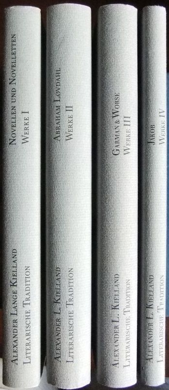 Werke 1 - 4. Bd.1: Novellen und Noveletten (ISBN:3889405054), Bd.2: Abraham Lovdah (ISBN: 3889405054)l, Bd.3: Garman und Worse (ISBN: 388940507X) , Bd.4 Jakob. (ISBN: 3889405061)Übersetzt von Marie Leskien-Lie und Friedrich Leskien. Bearbeitet u. m. einem Nachwort versehen von Rudolf Wolff. - Lange Kielland, Alexander