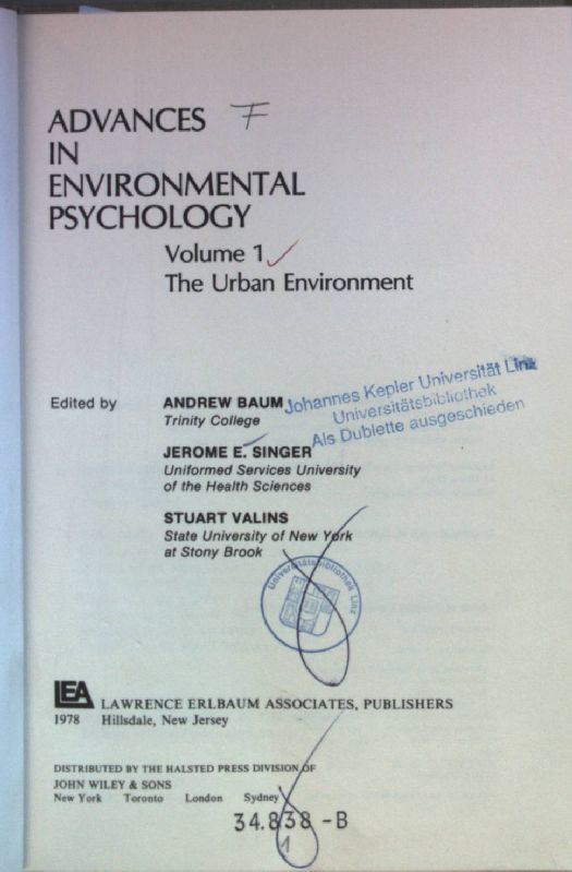 Advances in Environmental Psychology: VOL.I: Urban Environment. - Baum, Andrew, Stuart Valins and Jerome E. Singer
