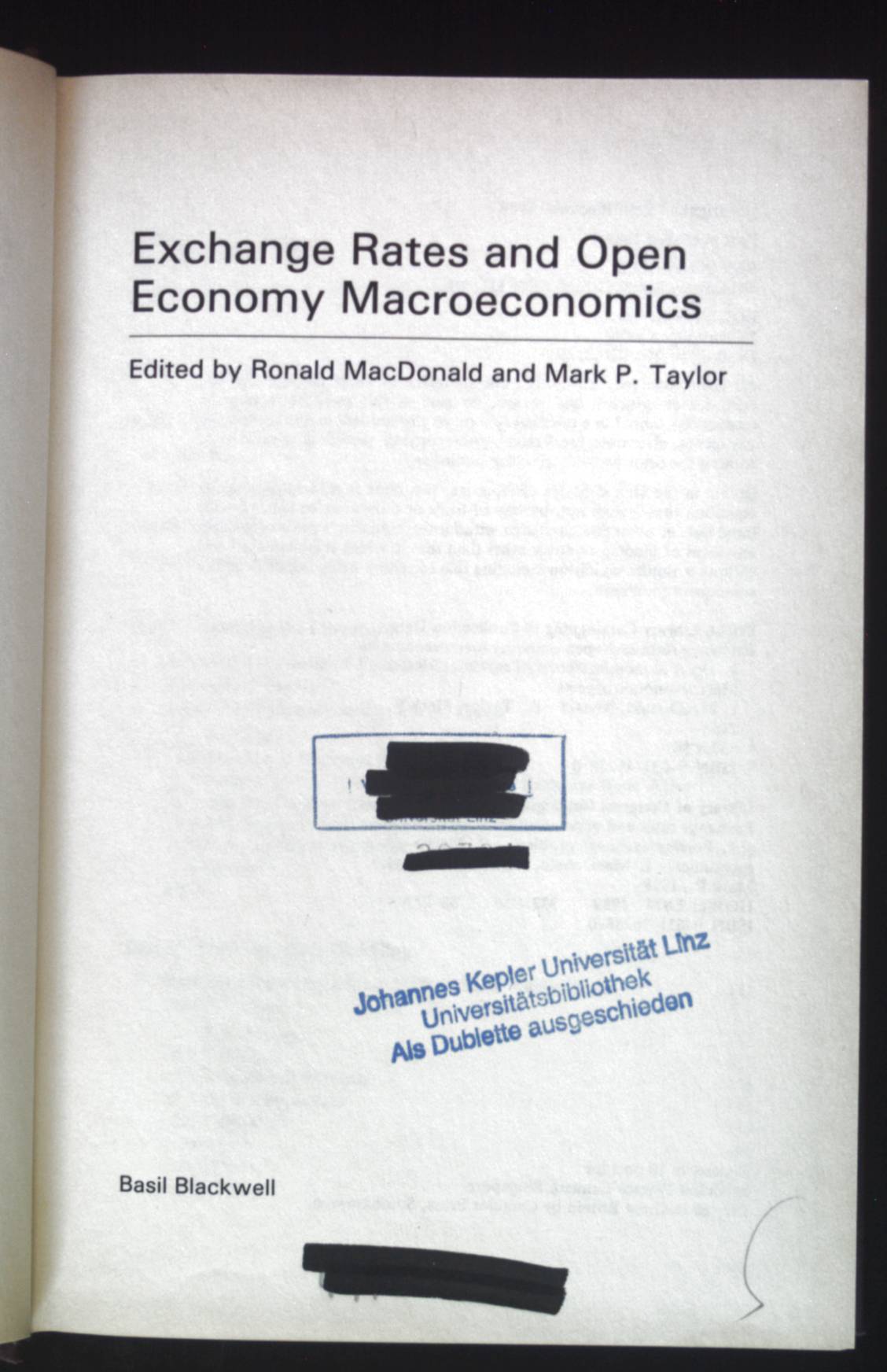Exchange Rates and Open Economy Macroeconomics. - Taylor, Mark P. and Ronald MacDonald