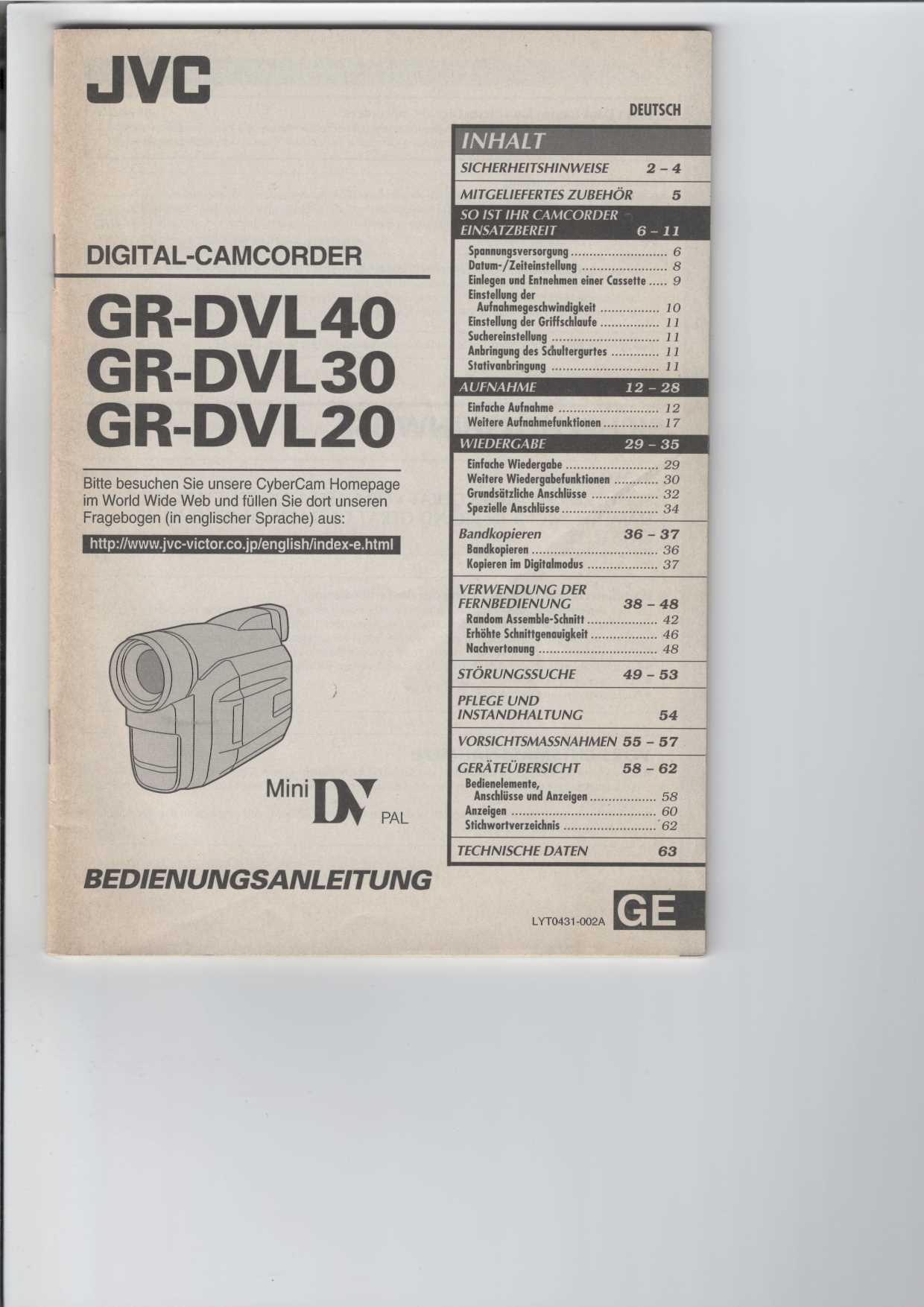  Bedienungsanleitung Digital-Camcorder GR-DVL 30 JVC 