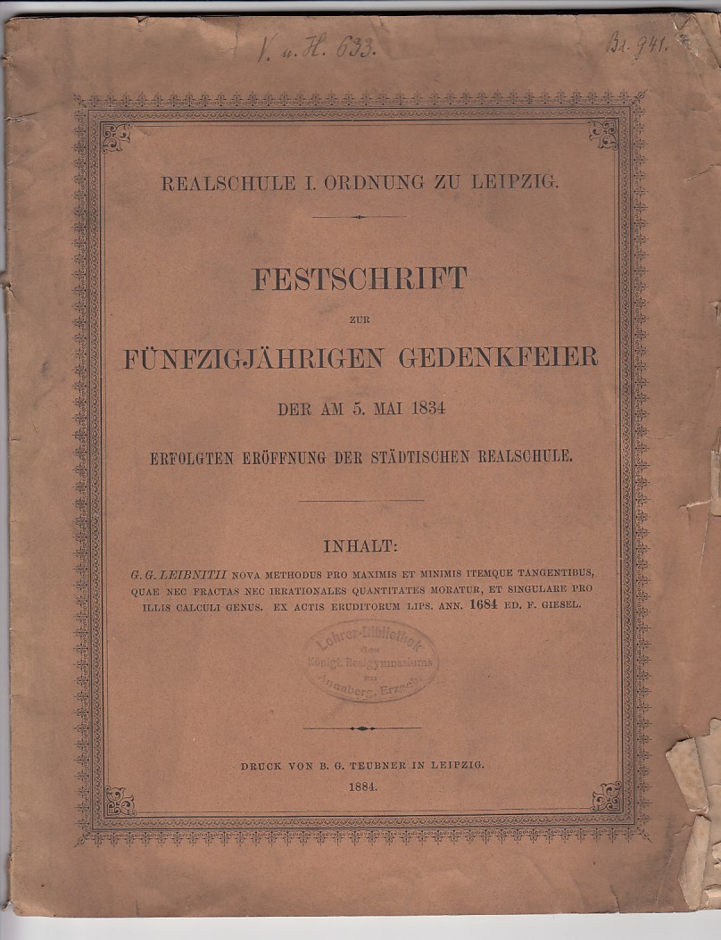 Festschrift zur Fünfzigjährigen Gedenkfeier der am 5. Mai 1834 erfolgten Eröffnung der Städtischen Realschule.