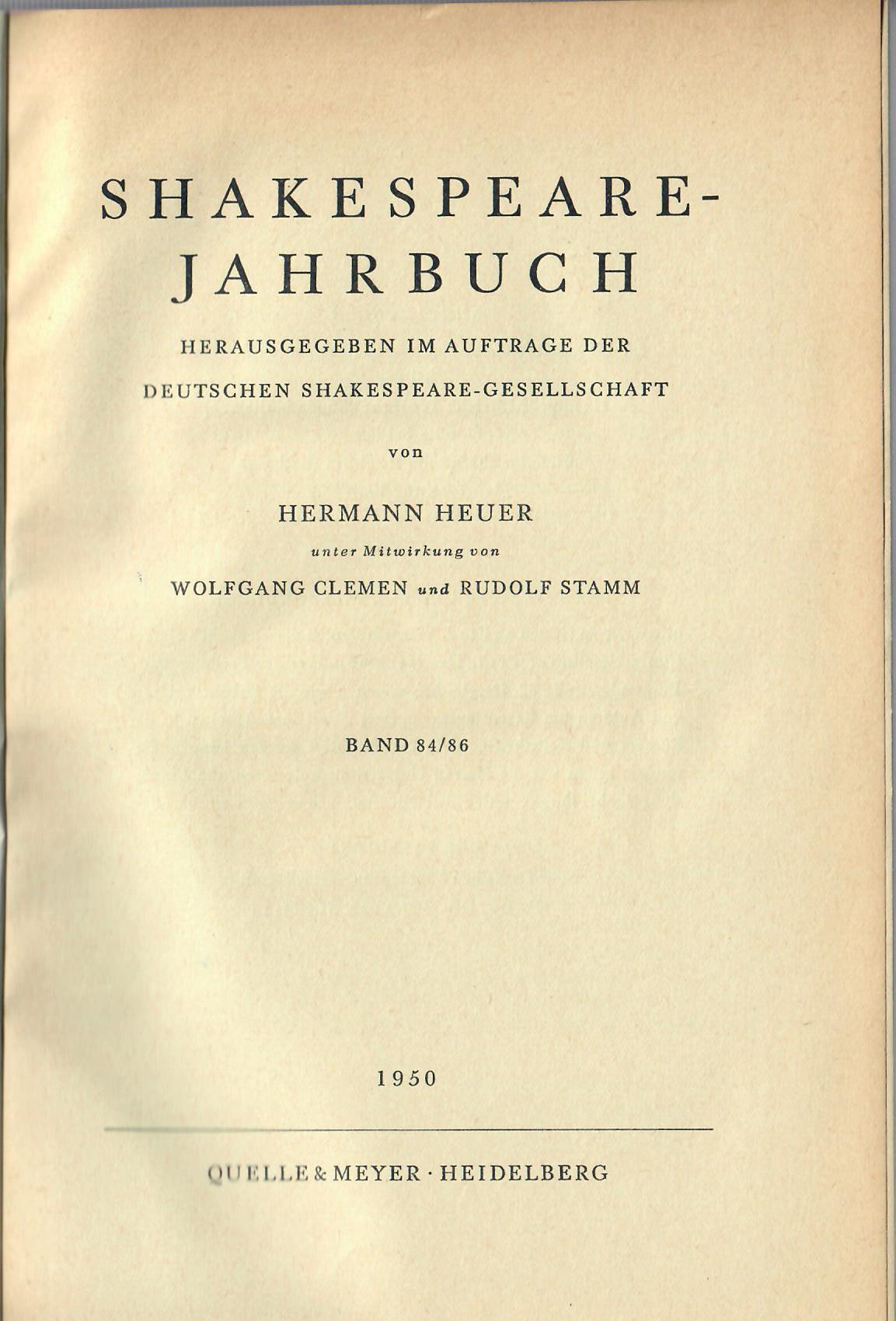 SHAKESPEARE, Jahrbuch   : Deutsche Shakespeare-Gesellschaft . Jahrbuch 1950. Band 84/86.