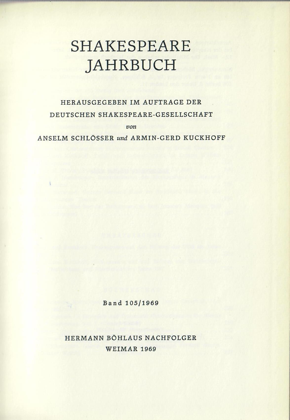 SHAKESPEARE, Jahrbuch   : Deutsche Shakespeare-Gesellschaft . Jahrbuch 1969. Band 105.
