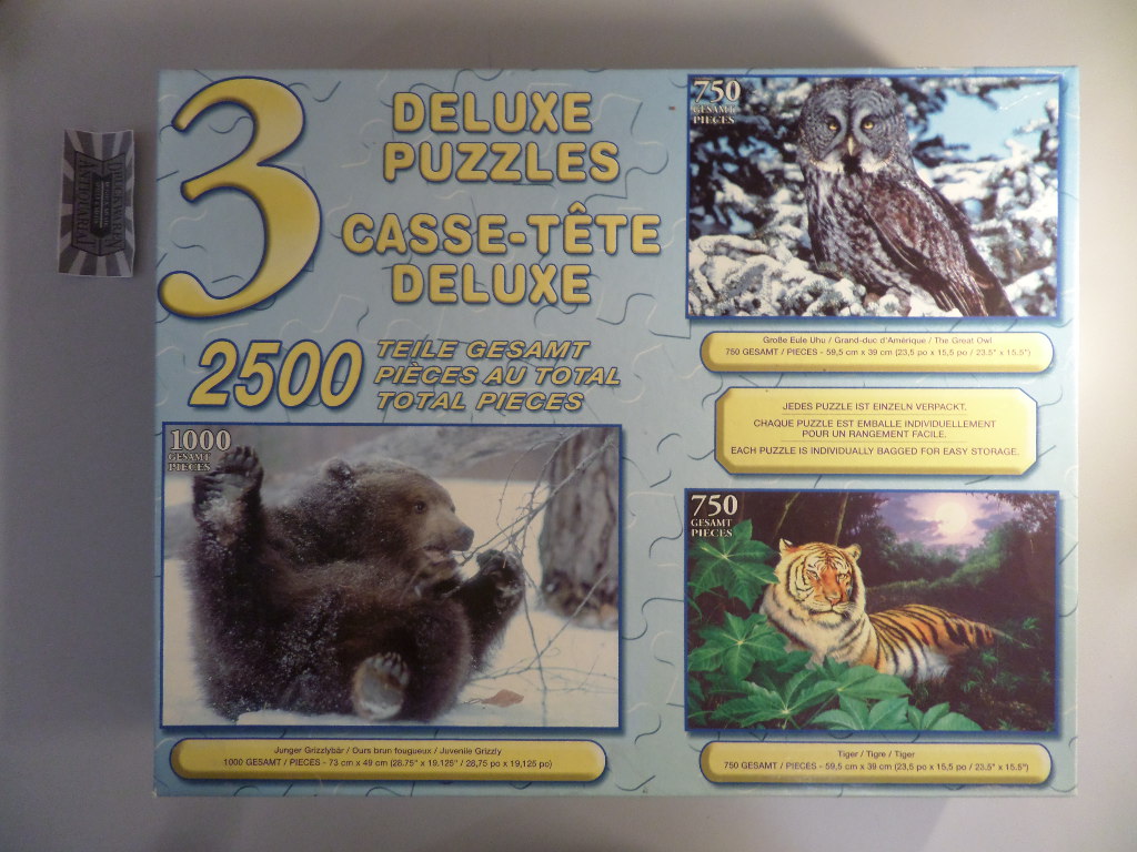 Animals - 3 Deluxe Puzzles : Tiger, Junger Bär, Große Eule [Ings. 2500 Teile, 3 Puzzles]. Sure-Lox # 40308-3. ACHTUNG! FÜR KINDER UNTER 3 JAHREN NICHT GEEIGNET!