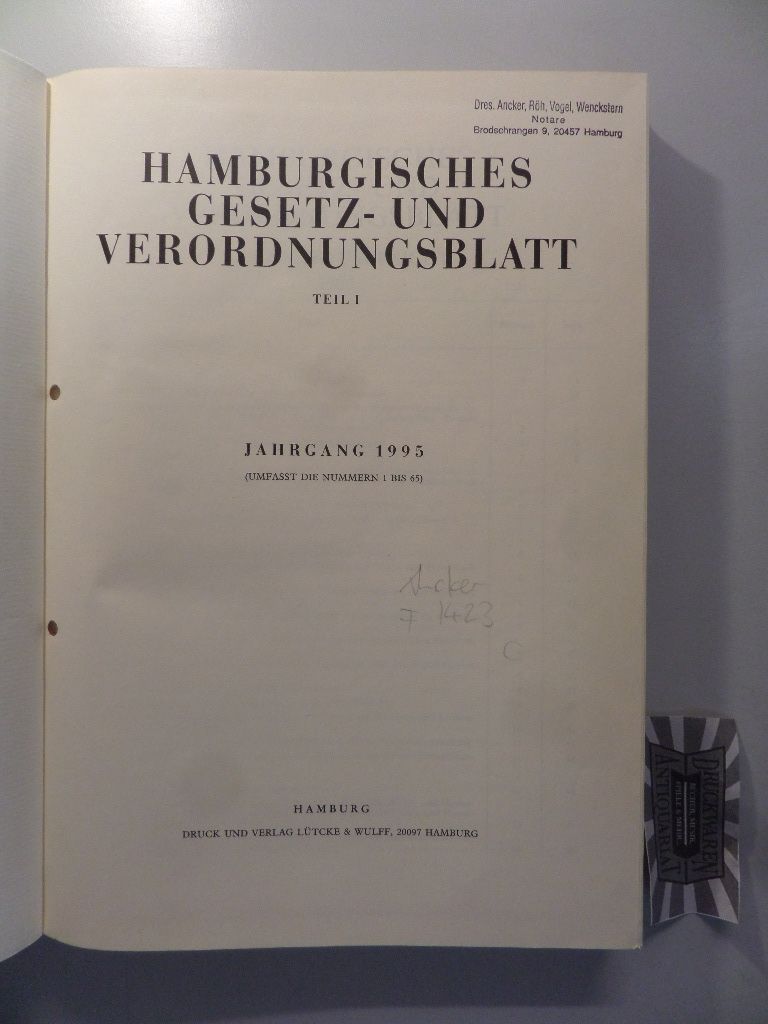  Hamburgisches Gesetz- und Verordnungsblatt. Teil I. Jahrgang 1995. [Kompletter Jahrgang gebunden in einem Buch].