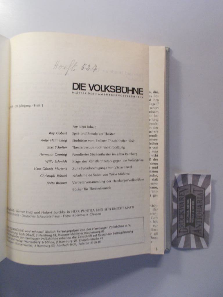 Die Volksbühne - 20. Jahrgang, 1969/1970. Blätter der Hamburger Volksbühne e.V.