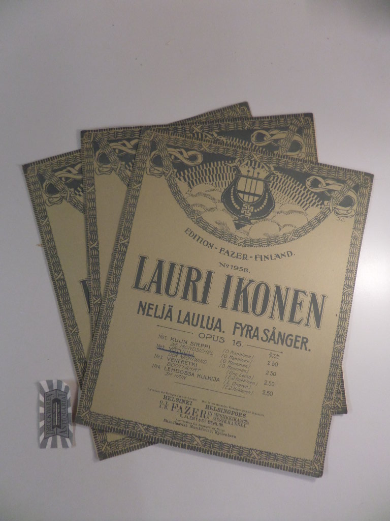 3 Notenhefte aus Op. 16 : No. 1 (Kuun Sirppi - Die Mondsichel), No. 2 (Yötuuli - Der Nachtwind) und No. 4 (Lehdossa Kulkija - Im Hain). F.M. No. 1957 / 1958 / 1960. 3 Hefte.