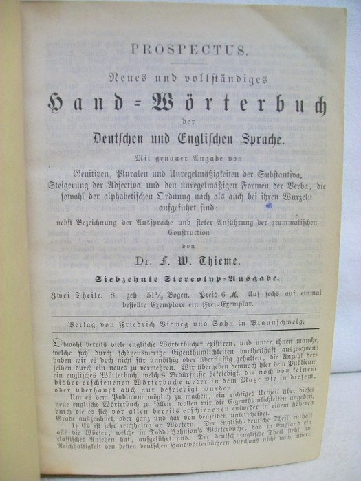 Thieme, F. W.:  Neues und vollstndiges Handwrterbuch der englischen und deutschen Sprache. 