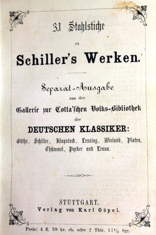 Schiller, Friedrich:  31 Stahlstiche zu Schillers Werken, Separat-Ausgabe aus der Gallerie zur Cotta` schen Volks-Bibliothek der DEUTSCHEN KLASSIKER 