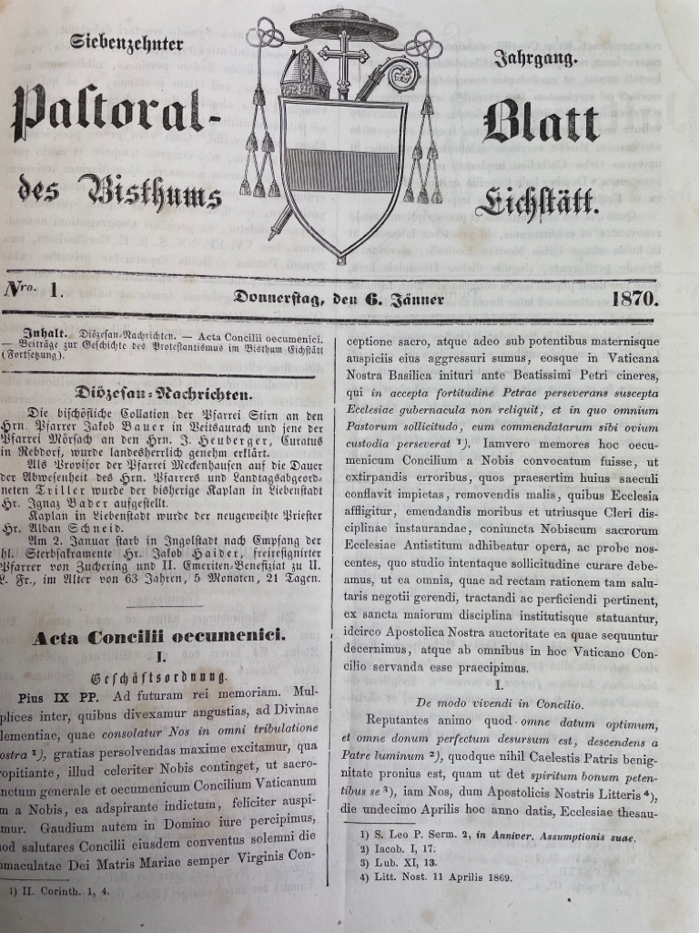 Bistum Eichsttt:  Pastoral-Blatt des Bisthums Eichsttt, 17.und 18. Jahrgang 1870, 1871. KOMPLETT. 