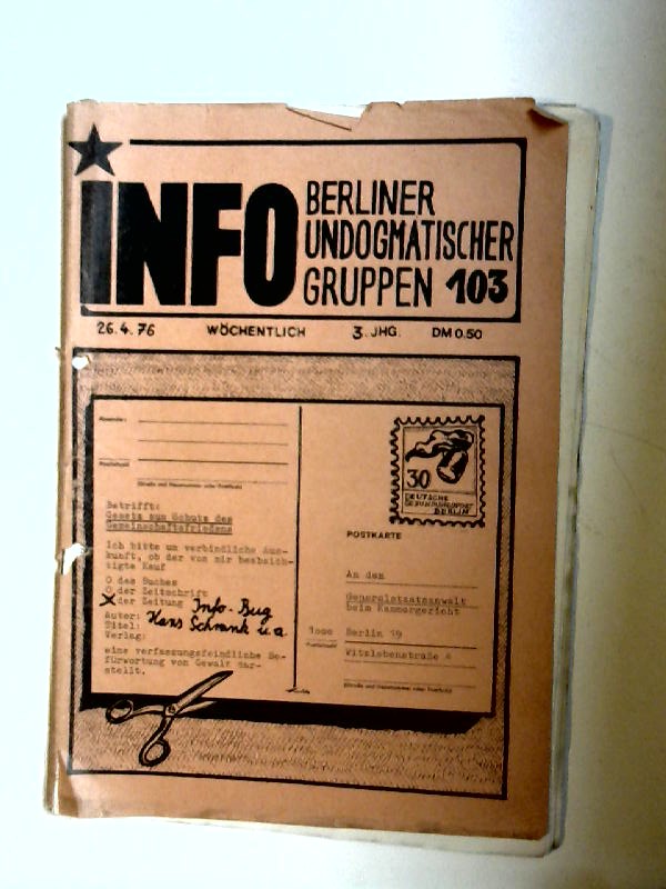 BUG - Wöchentliches Info Berliner undogmatischer Gruppen. Nummer 103 - 26.4.1976