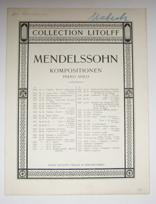 Mendelssohn-Bartholdy, Felix:  Mendelssohn - Kompositionen. Piano solo. No. 7493. Op. 106. Sonate III. 