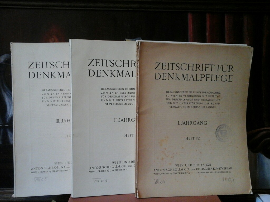  ZEITSCHRIFT FR DENKMALPFLEGE. Hrsg. im Bundesdenkmalamt zu Wien. Jahrgang 1926, 1927, 1928. Jg. 1-3. Jeweils Heft 1/2-6. 3. Jahrgnge.