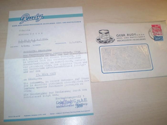 Rudy; Keks und Waffelfabrik Meckesheim. KNDIGUNG; Zeitdokument. Kndigungsschreiben der Firma Rudy an eine Mitarbeiterin mit Briefumschlag aus dem Jahr 1951.