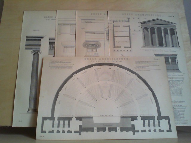  Grafik - GREEK ARCHITECTURE ( Three Glassical Orders; Doric Order; Plan of a Greek Theatre). 5 Grafiken-Holzschnitt, aus 
