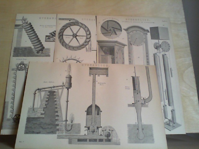 Grafik - HYDRAULICS (Hydraulic Clocks or Clepsydrae). 4 Grafiken-Holzschnitt, aus "The National Encyclopaedia: A Dictionary of Universal. Knowledge"