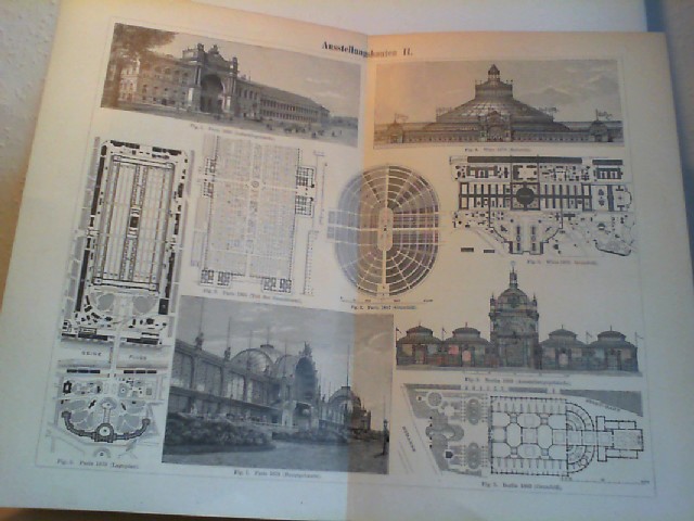  Ausstellungsbauten.  1 Lithographierte, s/w, einseitige Graphik. Aus Meyers Konversationslexikon 1897. 5. Auflage