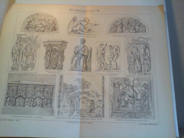  Bildhauerkunst VI. (Mittelalter). 1 Lithographierte, s/w, einseitige Graphik. Aus Meyers Konversationslexikon 1897. 5. Auflage