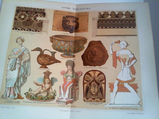  Antike Terrakotten.  farbige Chrom-lithographierte, einseitige Graphik. Aus Meyers Konversationslexikon 1897. 5. Auflage