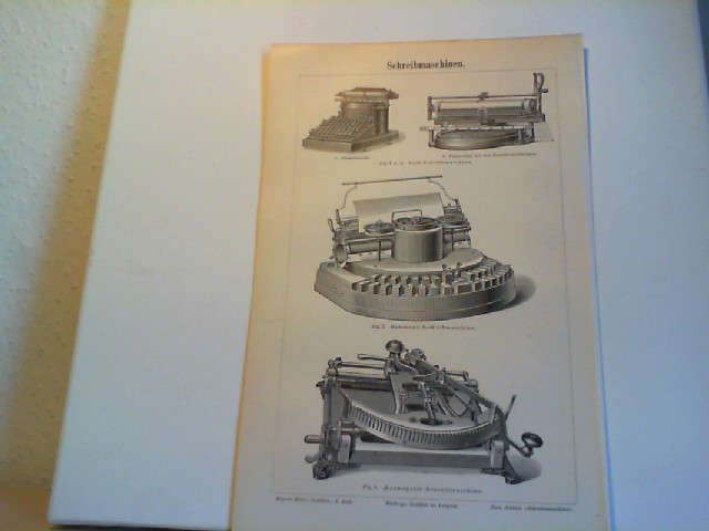  Schreibmaschinen. 1 Lithographierte, s/w, einseitige Graphiken. Aus Meyers Konversationslexikon 1897. 5. Auflage