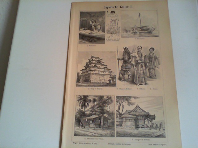  Japanische Kultur I und II. 2 Lithographierte, s/w, einseitige Graphiken. Aus Meyers Konversationslexikon 1897. 5. Auflage