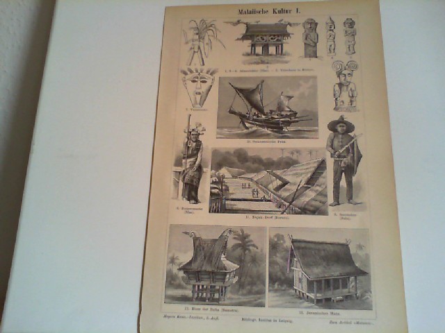  Malaiische Kultur I und II. 2 Lithographierte, s/w, einseitige Graphiken. Aus Meyers Konversationslexikon 1897. 5. Auflage