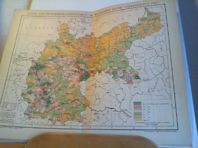 Chromolithographie: Karte der Bevlkerungsdichtigkeit im Deutschen Reich (Volkszhlung 1890).  Alte historische Landkarte . Orig.- Lithoragraphie.