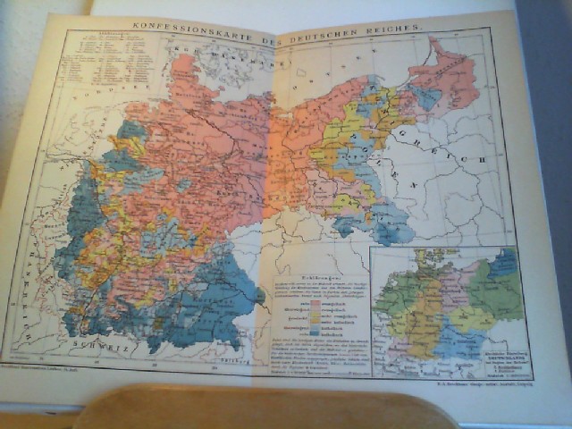 Chromolithographie: Konfessionskarte des Deutschen Reiches.  Alte historische Landkarte . Orig.- Lithoragraphie.
