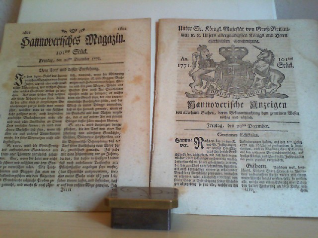 HANNOVER.-: 2 Original-Zeitung. Hannoverisches Magazin, 101. Stck vom Freitag, den 20. Dezember 1771; Hannoverische Anzeigen.