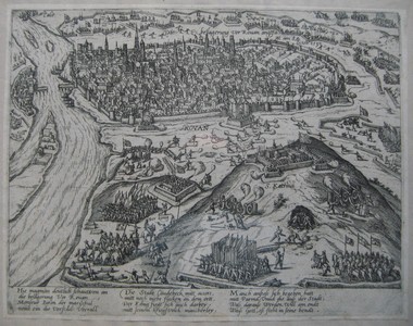  Die Belagerung vor Rouan ( Rovan) angefange am 8 Octob. 1592 Unten mit 3 Versen Beschreibung. ( 1.Vers: Hie magman deutlich schauwen an die belagerung vor Rouan,  Monseur Biron der marischal nemt ein die Vorstdt Uberall...)
