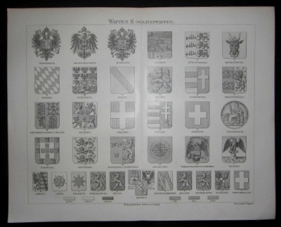  Wappen II (Staatenwappen). Schwarz/wei Abb. Aus: Meyers Konversationslexikon 4.Aufl.