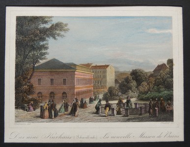  Das neue Kurhaus ( Schwalbach) La nouvelle Maison de Bains. Altkolorirter Stahlstich v. Rudolf n. Dielmann. Bildgrsse 9 x 14 cm.