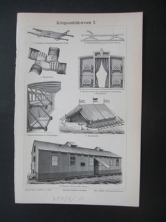  Kriegssanittswesen. (Seite I und II)  Doppelseitiger Holzstich. Format ca.15,5 x 24 cm. Aus: Meyers Konv.-Lexikon, 5. Auflage.