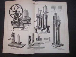  Luftpumpen. Holzschnitt, ca. 1890. Doppelblatt, gefaltet - 30 x 24 cm; Bildgrsse 26,5 x 20,5 cm.