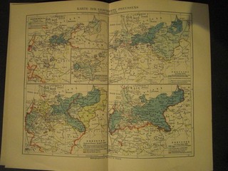  Karte zur Geschichte Preussens. Lithographierte 4 bzw- 5 teilige farbige Karte. Gefalltet. Mit Begleittext aud 2 Seiten: 