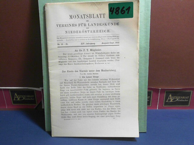 Verein fr Landeskunde von Niedersterreich (Hrsg.):  XIV. Jahrgang 1915 Nr. 19-21 - Monatsblatt des Vereines fr Landeskunde  von Niedersterreich. 