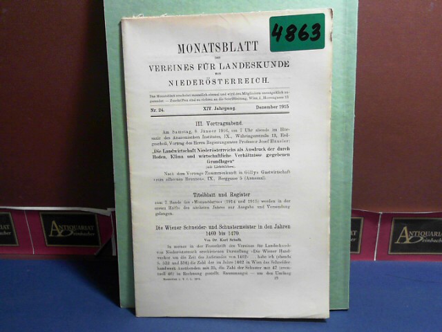 Verein fr Landeskunde von Niedersterreich (Hrsg.):  XIV. Jahrgang 1915 Nr. 24 - Monatsblatt des Vereines fr Landeskunde  von Niedersterreich. 