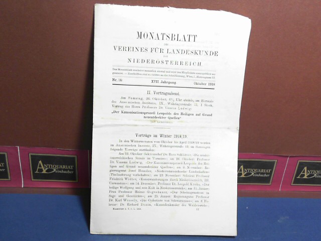 Vancsa, Max:  Monatsblatt des Vereines fr Landeskunde von Niedersterreich. XVII. Jg. Oktober.1918, Nr. 10 