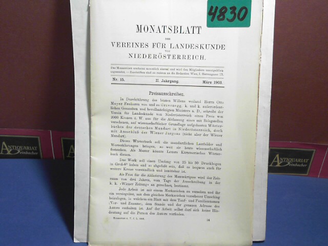 Verein fr Landeskunde von Niedersterreich (Hrsg.):  Monatsblatt des Vereines fr Landeskunde  von Niedersterreich. II. Jahrgang, Nr. 15 