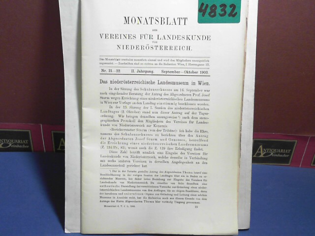 Verein fr Landeskunde von Niedersterreich (Hrsg.):  Monatsblatt des Vereines fr Landeskunde  von Niedersterreich. II. Jahrgang, Nr. 21/22 