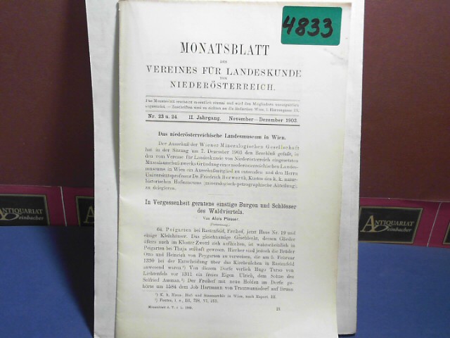 Verein fr Landeskunde von Niedersterreich (Hrsg.):  Monatsblatt des Vereines fr Landeskunde  von Niedersterreich. II. Jahrgang, Nr. 23/24 