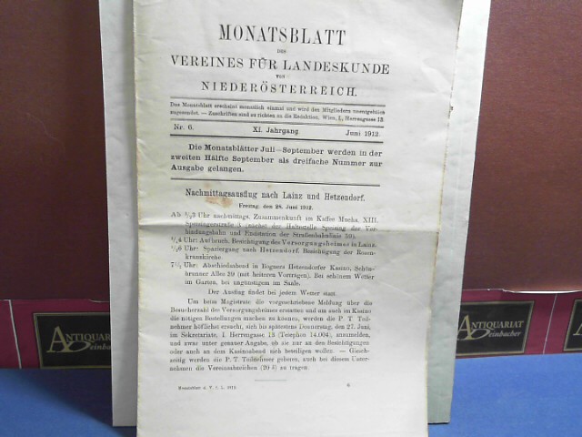 Verein fr Landeskunde von Niedersterreich (Hrsg.):  XI. Jahrgang 1912 Nr. 6, - Monatsblatt des Vereines fr Landeskunde  von Niedersterreich. 