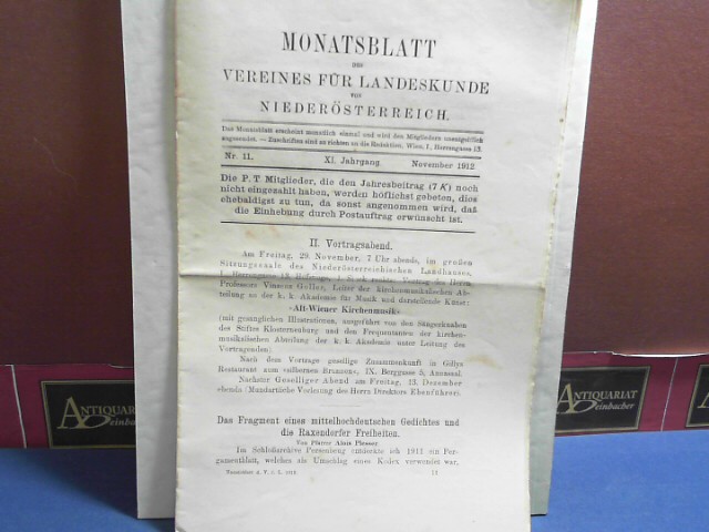 Verein fr Landeskunde von Niedersterreich (Hrsg.):  XI. Jahrgang 1912 Nr. 11, - Monatsblatt des Vereines fr Landeskunde  von Niedersterreich. 