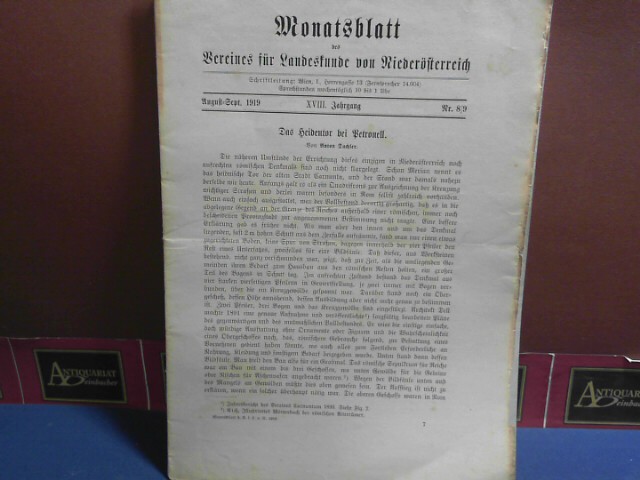 Verein fr Landeskunde von Niedersterreich (Hrsg.):  XVIII. Jahrgang 1919 Nr. 8/9, - Monatsblatt des Vereines fr Landeskunde  von Niedersterreich. 