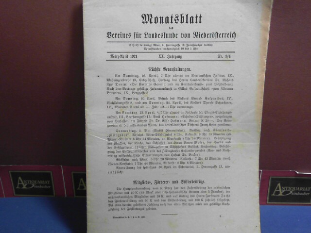 Verein fr Landeskunde von Niedersterreich (Hrsg.):  XX. Jahrgang 1921 Nr. 3/4, - Monatsblatt des Vereines fr Landeskunde  von Niedersterreich. 