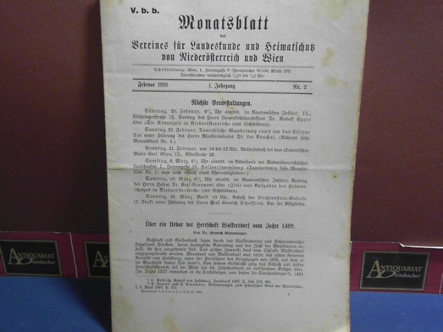 Verein fr Landeskunde von Niedersterreich (Hrsg.):  I. Jahrgang 1926 Nr. 2, - Monatsblatt des Vereines fr Landeskunde  und Heimatschutz von Niedersterreich und Wien. 